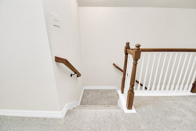 stairs featuring carpet flooring