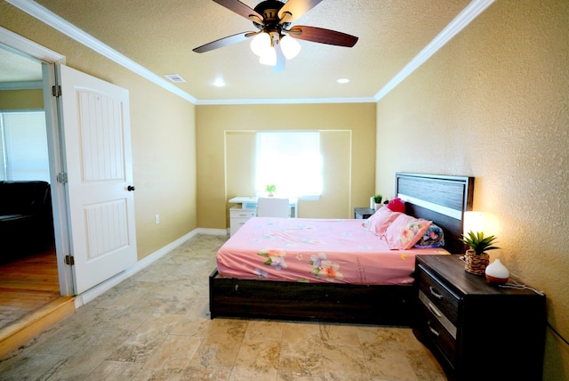 bedroom with a textured ceiling, ceiling fan, and crown molding