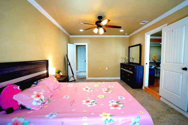 bedroom with ceiling fan and crown molding