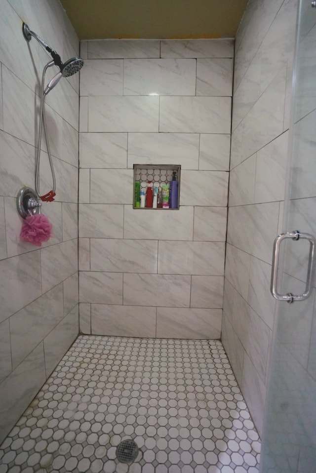 bathroom with a shower with shower door