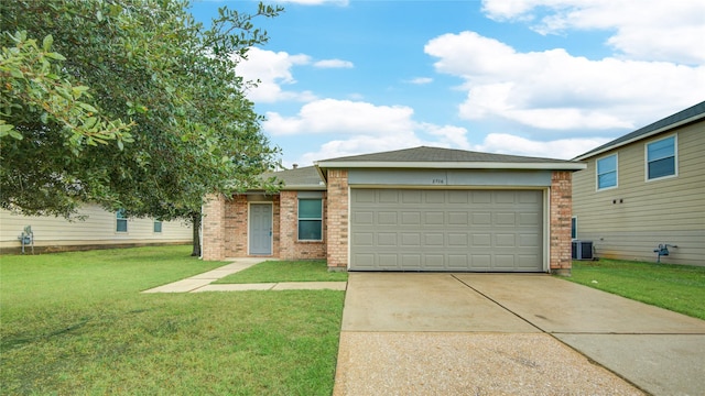 ranch-style house with central AC, a garage, and a front lawn