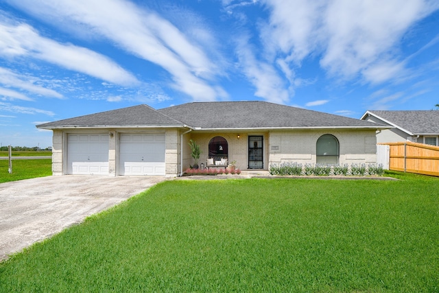 ranch-style house featuring a front yard and a garage