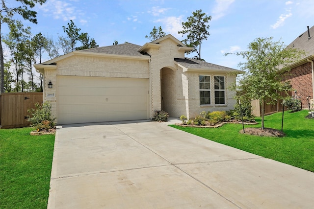 ranch-style house with a front yard and a garage