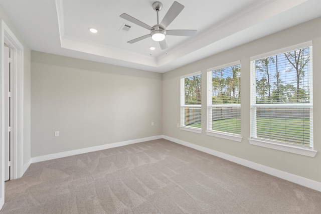 carpeted spare room featuring a tray ceiling, ceiling fan, and crown molding