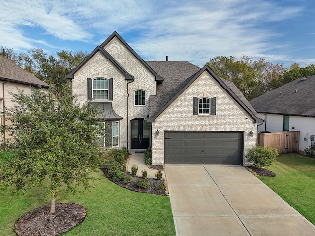 french country inspired facade featuring a garage and a front yard