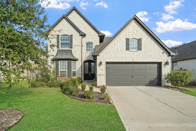 french country inspired facade featuring a front yard and french doors