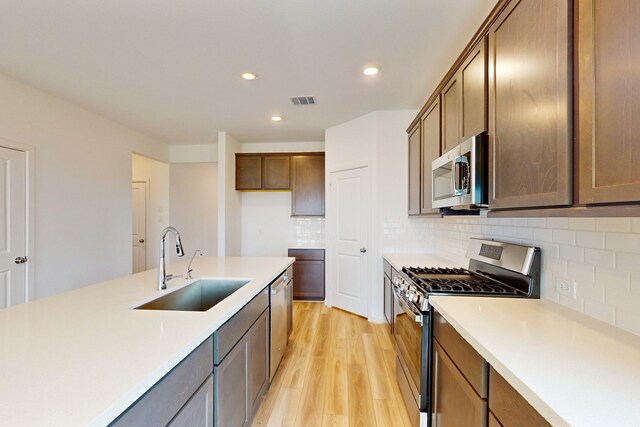 kitchen with decorative backsplash, light wood-type flooring, stainless steel appliances, and sink