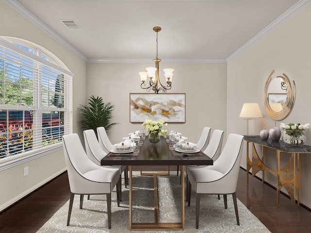 dining space featuring ornamental molding, dark wood-type flooring, and an inviting chandelier