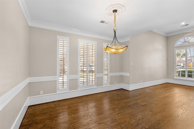 unfurnished dining area with wood-type flooring and ornamental molding