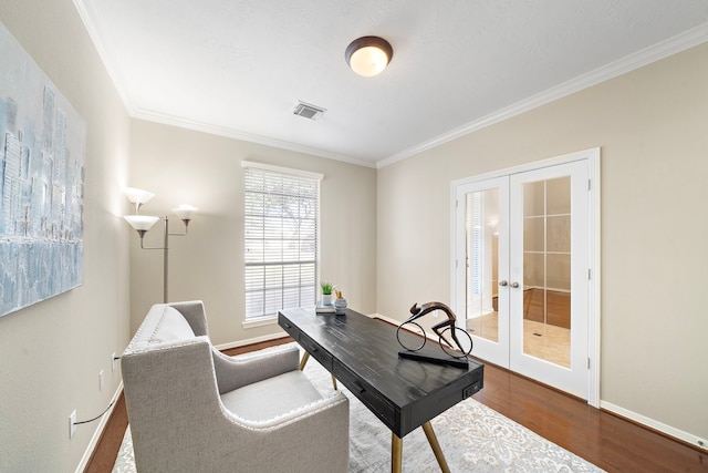 office featuring french doors, ornamental molding, and hardwood / wood-style floors