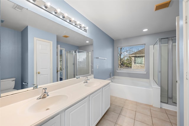 full bathroom with vanity, separate shower and tub, tile patterned floors, and toilet