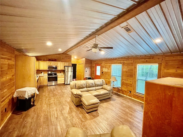 living room featuring wood walls, wooden ceiling, lofted ceiling with beams, ceiling fan, and light hardwood / wood-style floors