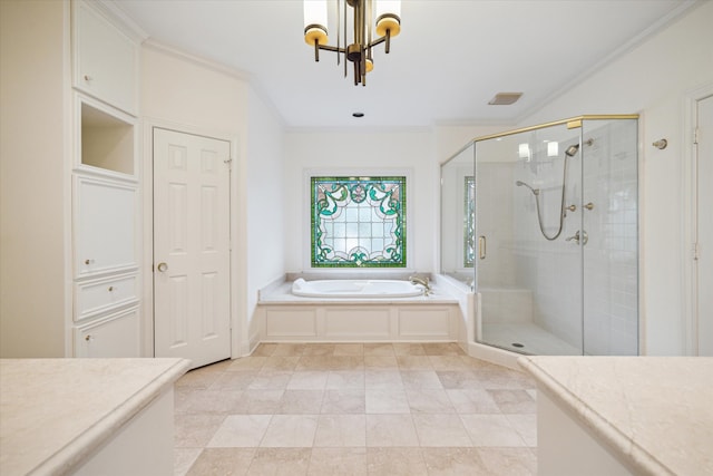 bathroom featuring vanity, an inviting chandelier, tile patterned floors, ornamental molding, and independent shower and bath