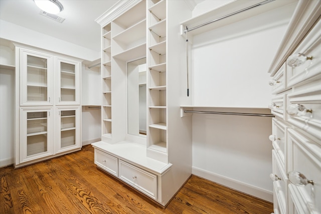 spacious closet featuring dark hardwood / wood-style floors