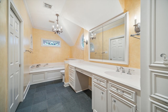 bathroom featuring a bathing tub, a notable chandelier, vaulted ceiling, vanity, and ornamental molding