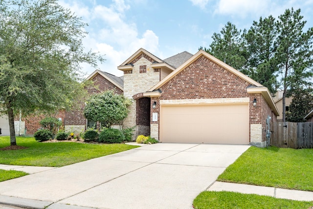 view of front of property with a front yard and a garage