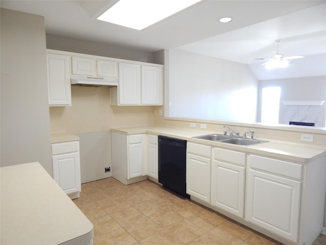 kitchen with sink, white cabinetry, lofted ceiling, and dishwasher