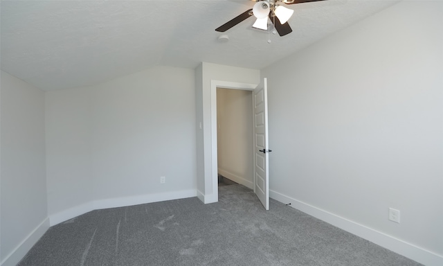 bonus room with carpet, a textured ceiling, ceiling fan, and lofted ceiling