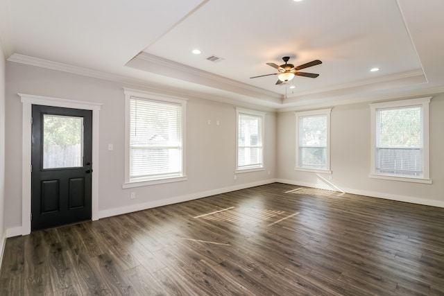 entrance foyer featuring a healthy amount of sunlight, dark hardwood / wood-style flooring, and a tray ceiling