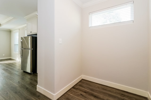 interior space featuring ornamental molding, plenty of natural light, and dark wood-type flooring