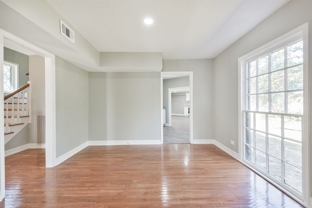 empty room featuring a healthy amount of sunlight and light hardwood / wood-style flooring