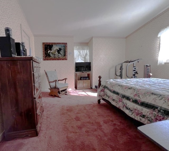 carpeted bedroom with ornamental molding