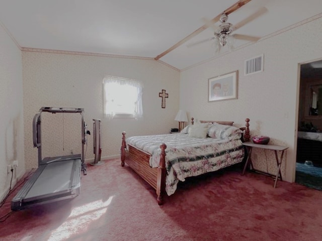 bedroom with carpet, ceiling fan, ornamental molding, and vaulted ceiling