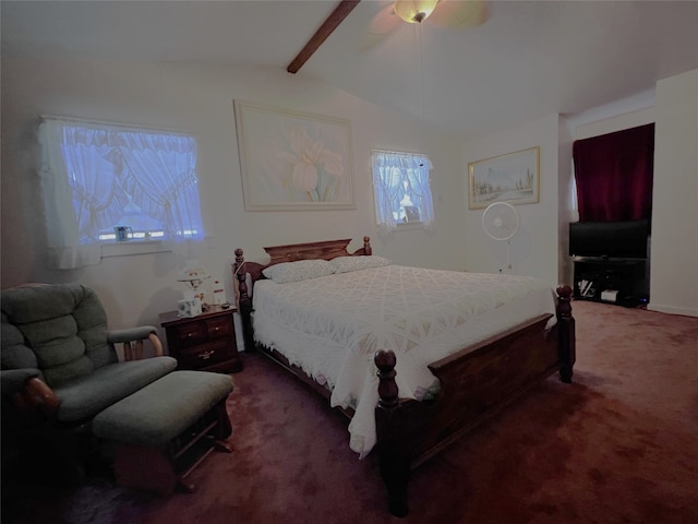 carpeted bedroom with vaulted ceiling with beams and ceiling fan