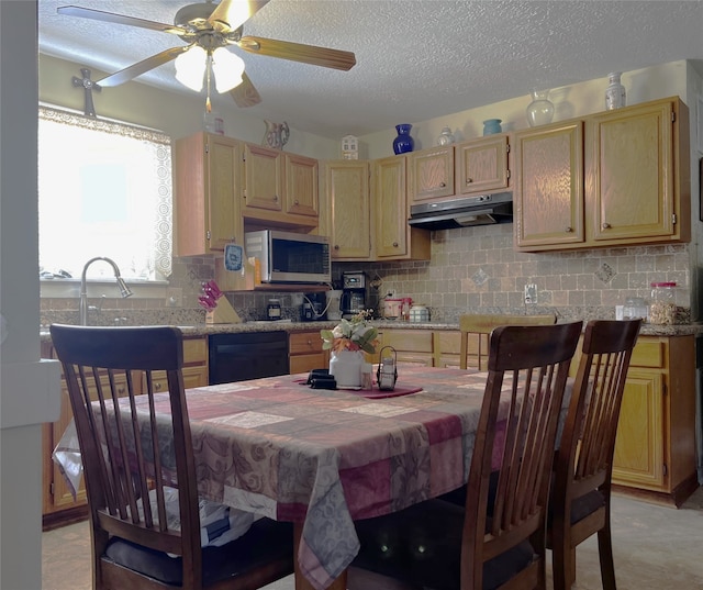 kitchen with backsplash, light brown cabinets, and black dishwasher