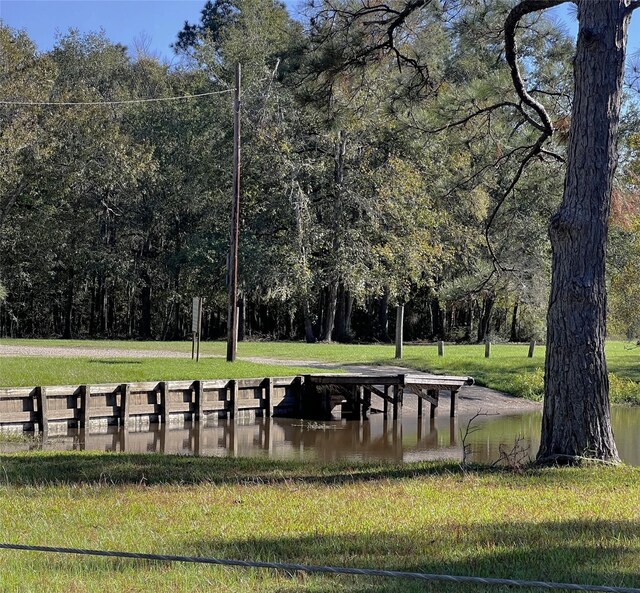 view of home's community with a lawn and a water view