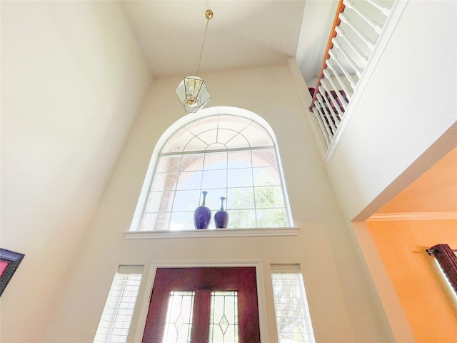 entryway with crown molding, plenty of natural light, and a high ceiling