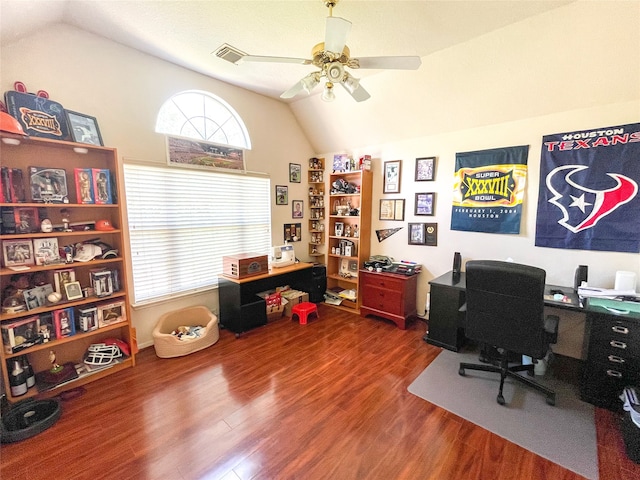 office featuring lofted ceiling, ceiling fan, and wood-type flooring