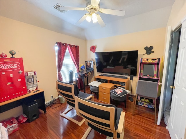 office space with ceiling fan and wood-type flooring