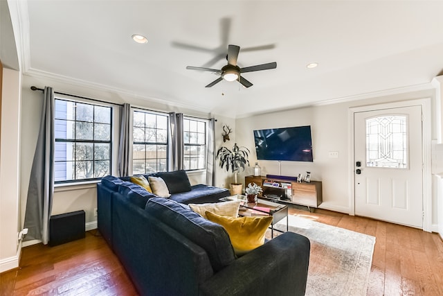 living room with ceiling fan, crown molding, and hardwood / wood-style flooring