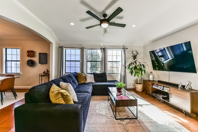 living room featuring crown molding, ceiling fan, and hardwood / wood-style flooring