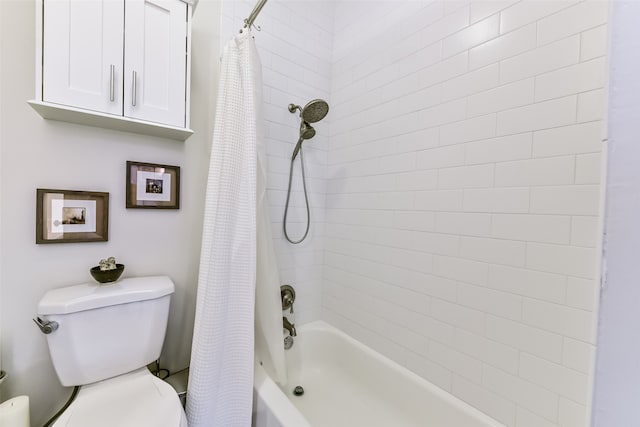 bathroom with shower / bath combination with curtain and toilet