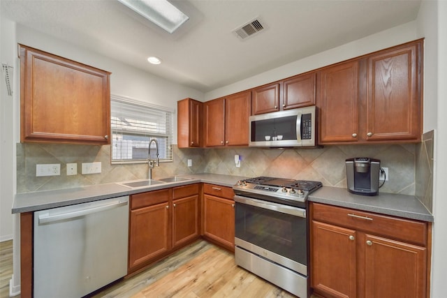 kitchen with stainless steel appliances, light hardwood / wood-style floors, sink, and backsplash