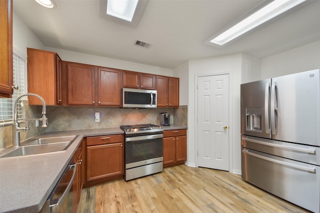 kitchen featuring tasteful backsplash, sink, light wood-type flooring, and appliances with stainless steel finishes