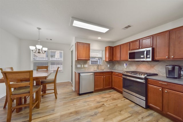 kitchen with sink, a chandelier, hanging light fixtures, appliances with stainless steel finishes, and light hardwood / wood-style floors