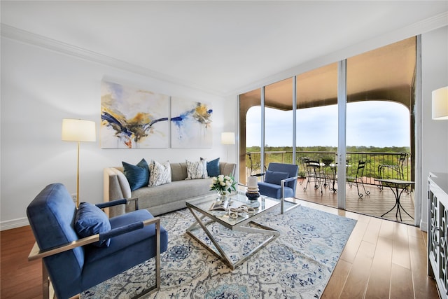 living room with hardwood / wood-style flooring, a wall of windows, and crown molding