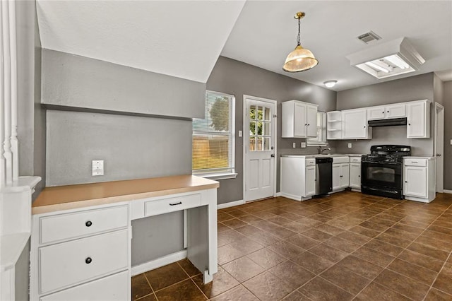 kitchen featuring black gas range oven, dark tile patterned flooring, dishwasher, white cabinetry, and hanging light fixtures