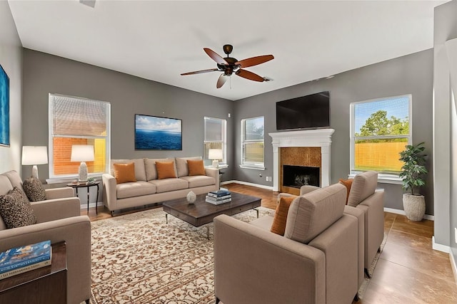 living room featuring ceiling fan