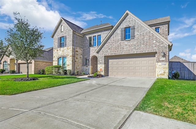 view of front of property with a front yard and a garage