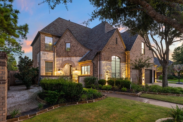 english style home featuring a lawn and a garage