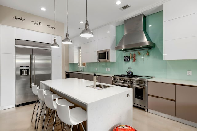 kitchen with sink, wall chimney range hood, built in appliances, pendant lighting, and white cabinets