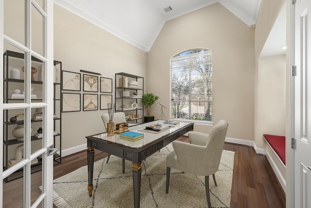 home office featuring crown molding, high vaulted ceiling, and dark hardwood / wood-style floors