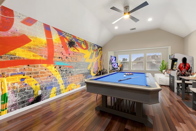 recreation room with dark hardwood / wood-style floors, ceiling fan, lofted ceiling, and billiards