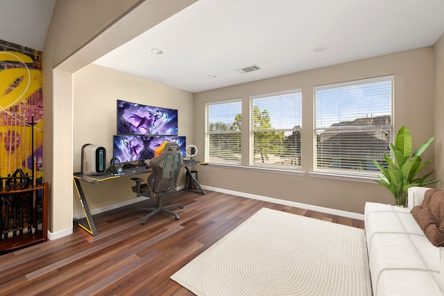 home office featuring dark hardwood / wood-style flooring