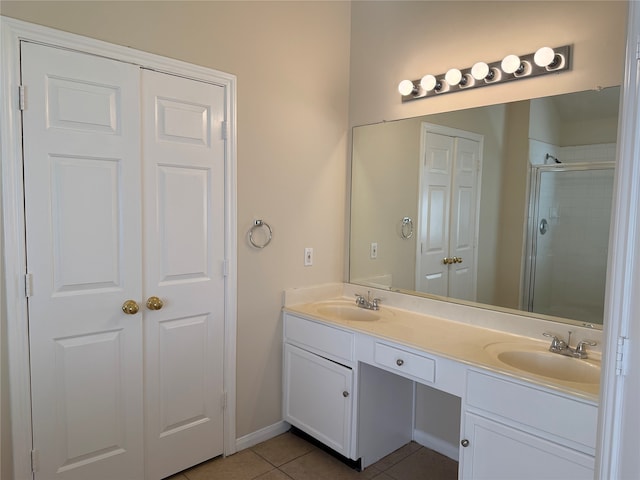 bathroom featuring tile patterned flooring, vanity, and a shower with shower door