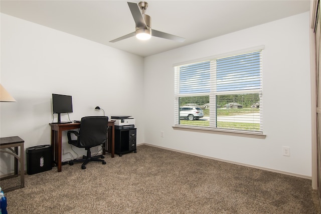 office space with carpet and ceiling fan